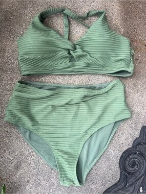 Shecurve XL Textured Knot-Front High-Waisted Bikini Set